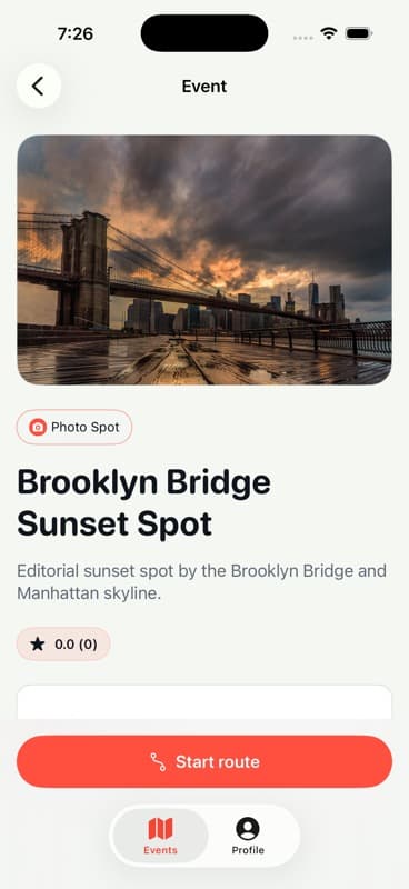 Ryven iPhone event detail for Brooklyn Bridge Sunset Spot.